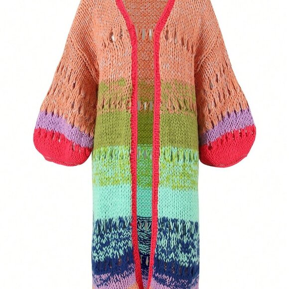 Pink Casual Women's Handknitted Boho Colorful Coat Bell Sleeve Crochet Kimono - Picture 2 of 6